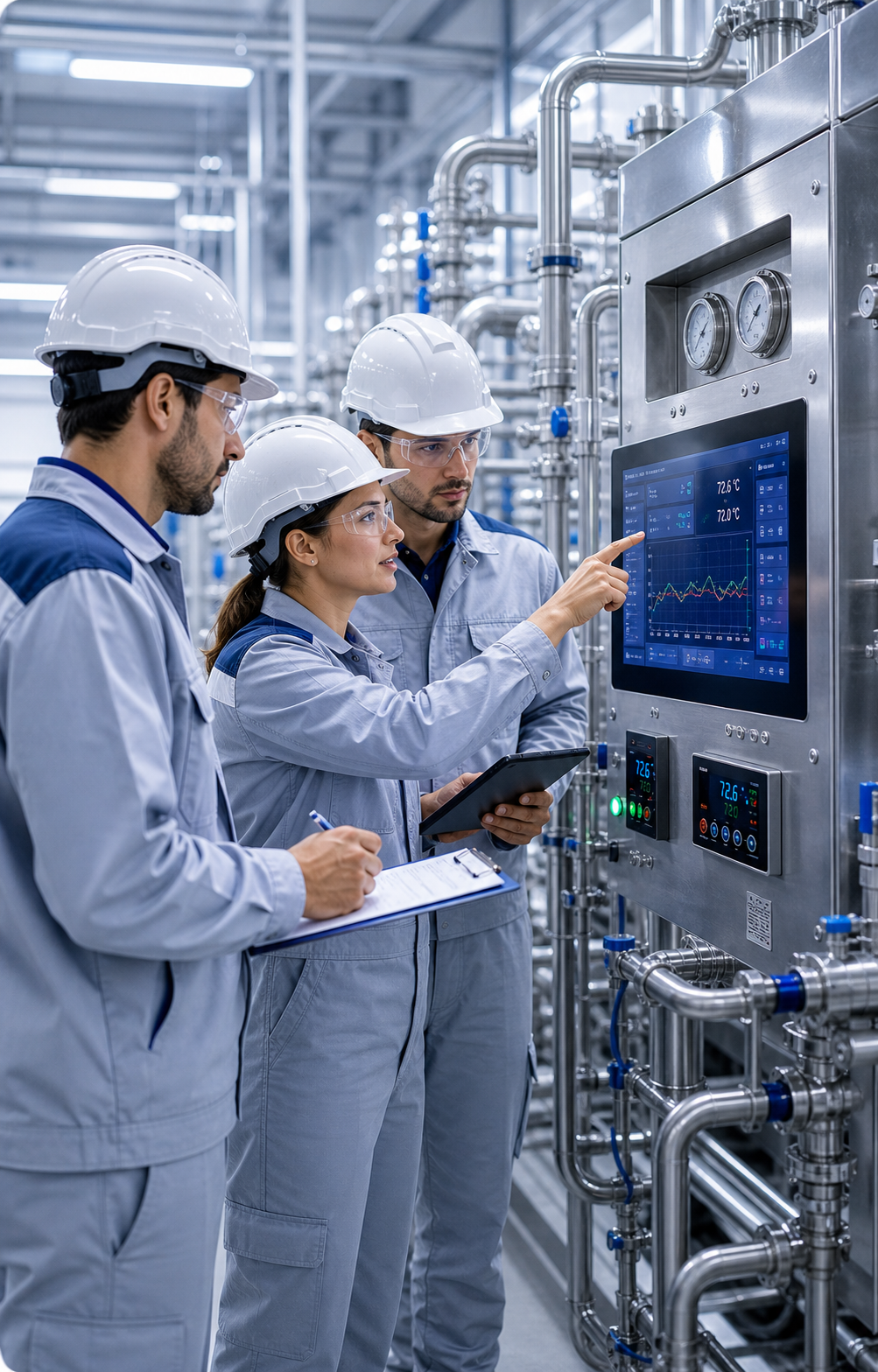 Trabajadores industriales revisando sistema PID y control de temperatura