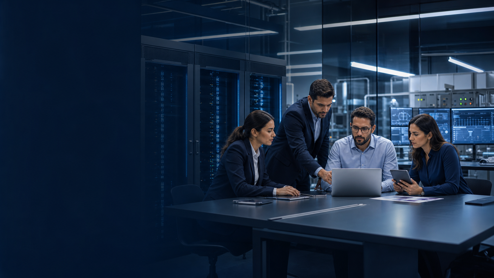 Equipo corporativo revisando tecnología empresarial